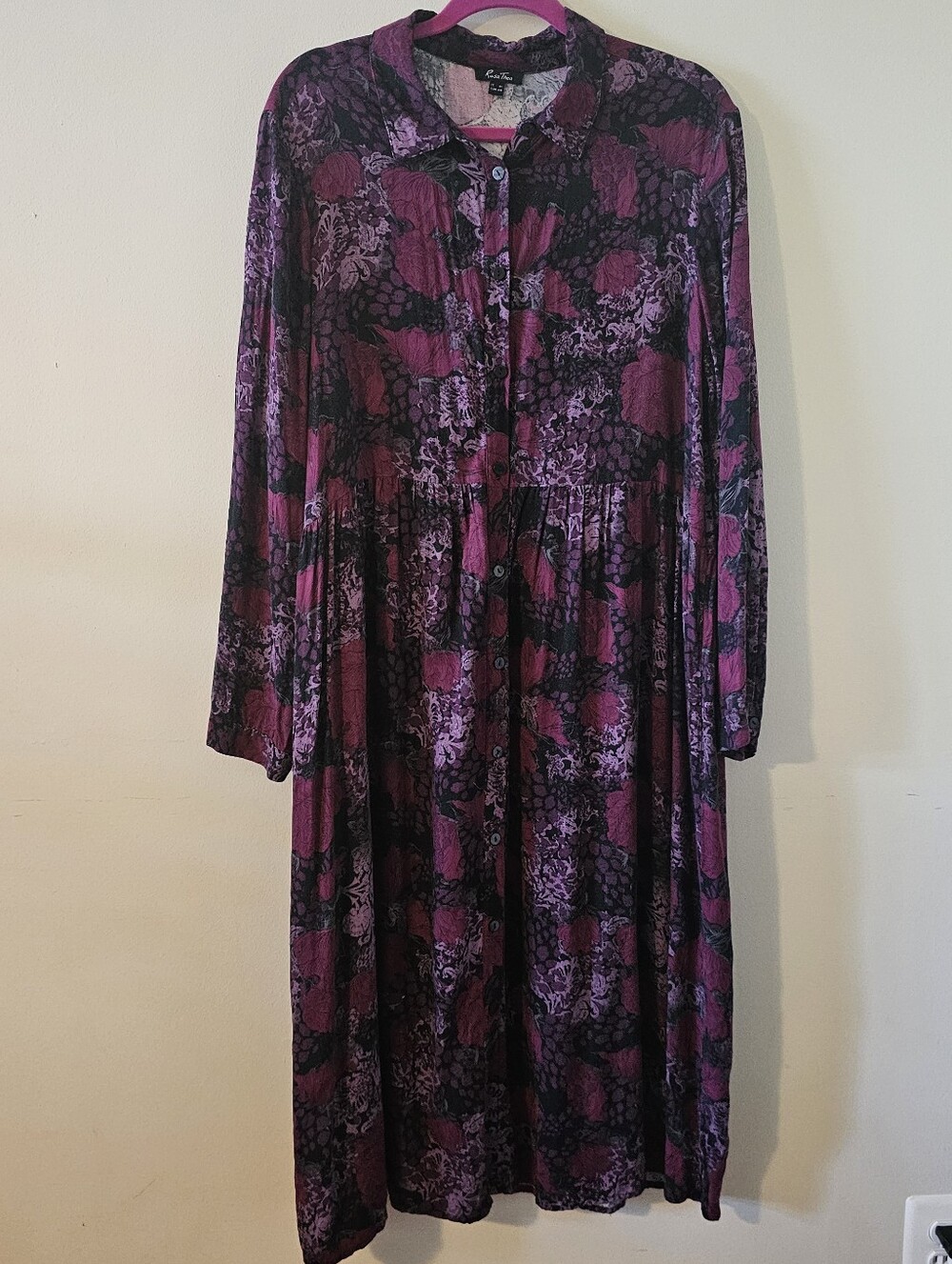 Italian Rosa Thea Purple Floral Midi Long Sleeve Button Up Dress 14 XL